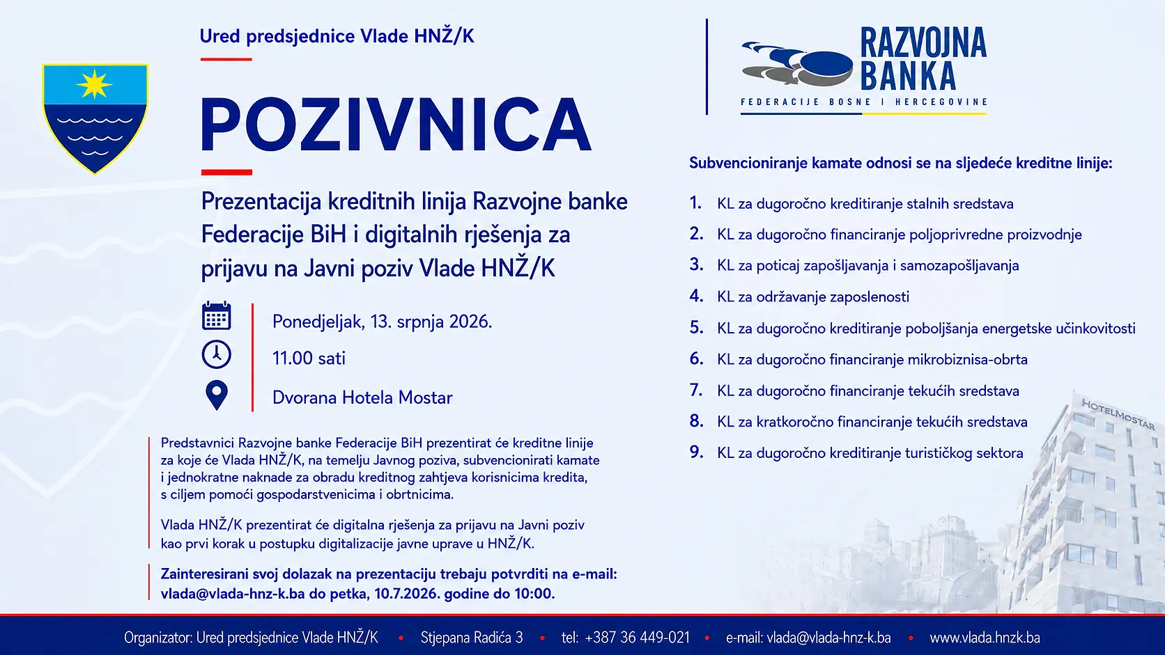 Poziv privrednicima: U ponedjeljak predstavljanje kreditnih linija za koje će Vlada HNK-a da subvencioniše kamate i jednokratne naknade