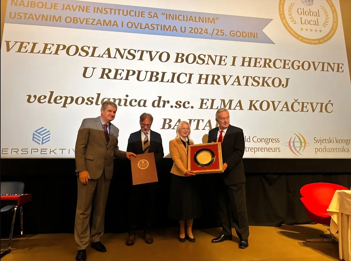 Ambasadi BiH u Zagrebu i ambasadorici Kovačević-Bajtal uručena Zlatna nagrada i priznanje “GLOBALLOKAL” za kreiranje dobrog ambijenta za razvoj poduzetništva na području Srednje i Jugoistočne Evrope