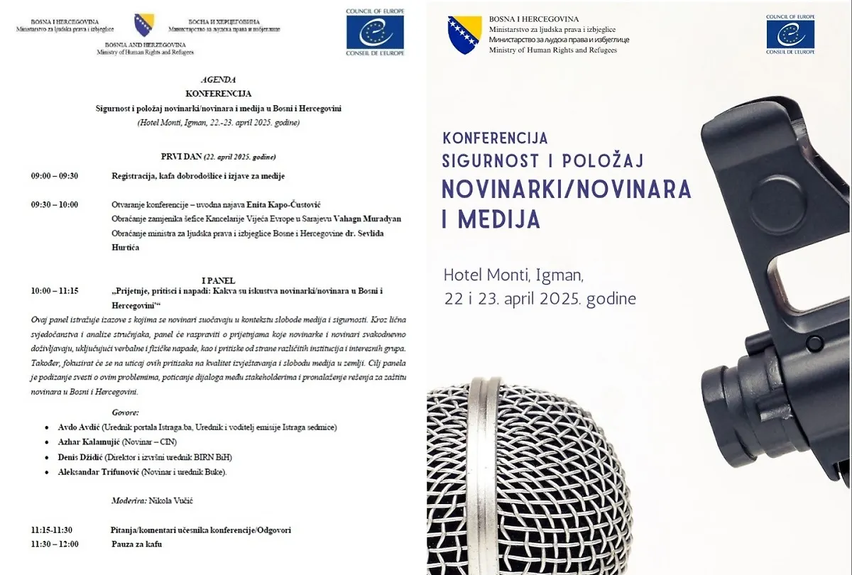 Agenda konferencije o sigurnosti i položaju novinarki/novinara i medija u Bosni i Hercegovini