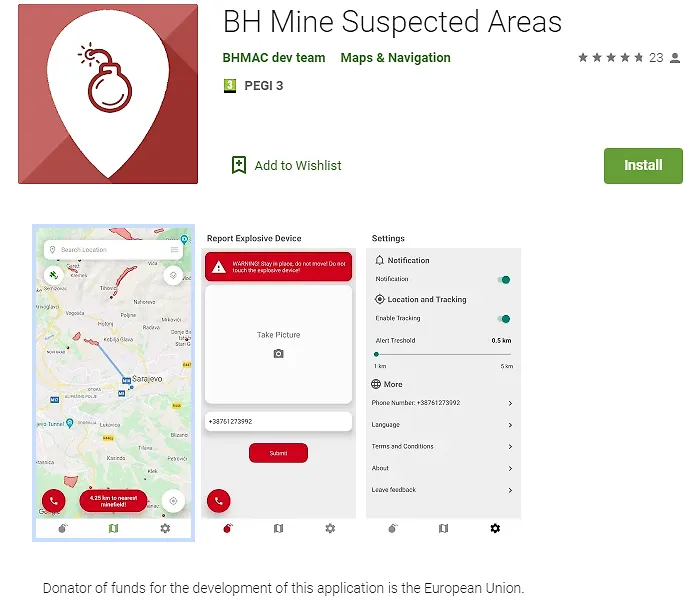 Application for mobile phones with BHMAC data on mine-suspected locations