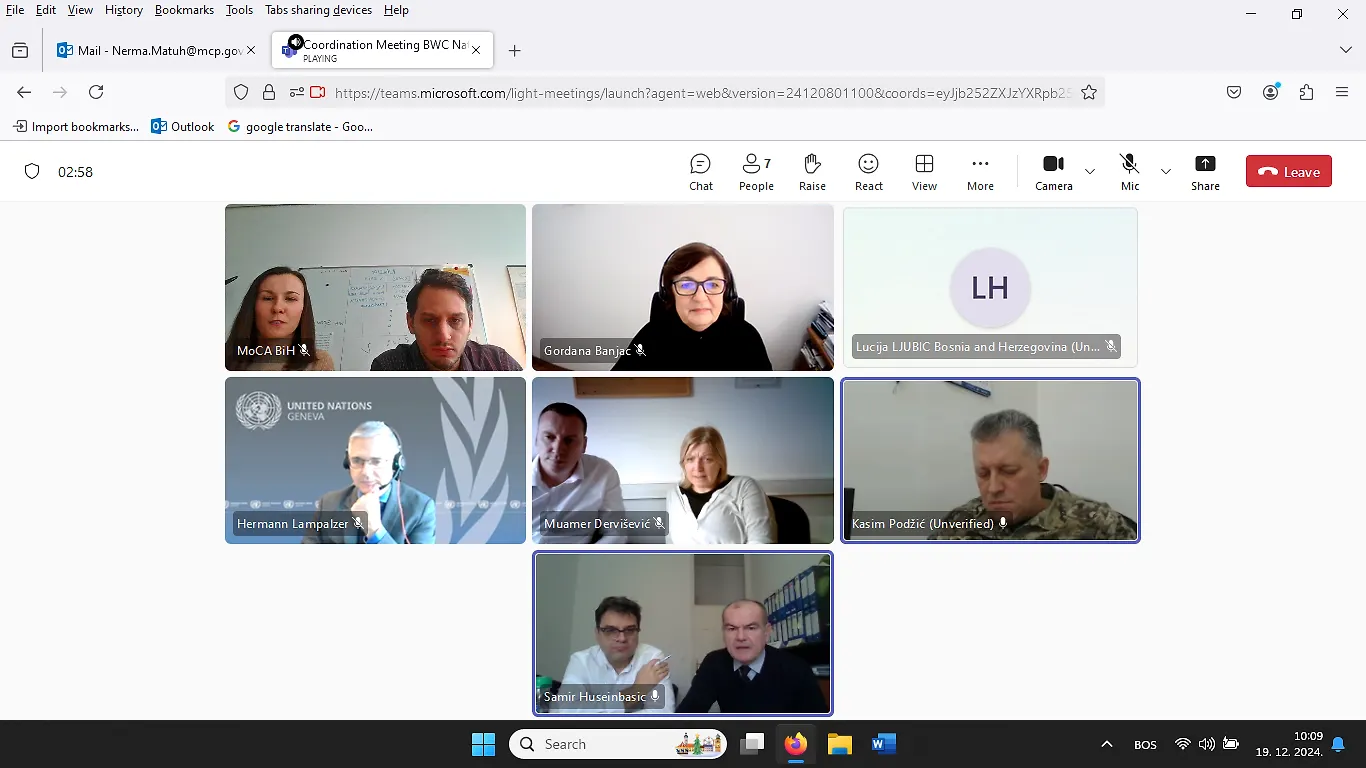 Informacija sa sastanka održanog 19.12.2024. godine na temu Organizacija radionice u vezi implementacije Konvencije o biološkoj sigurnosti u Bosni i Hercegovini