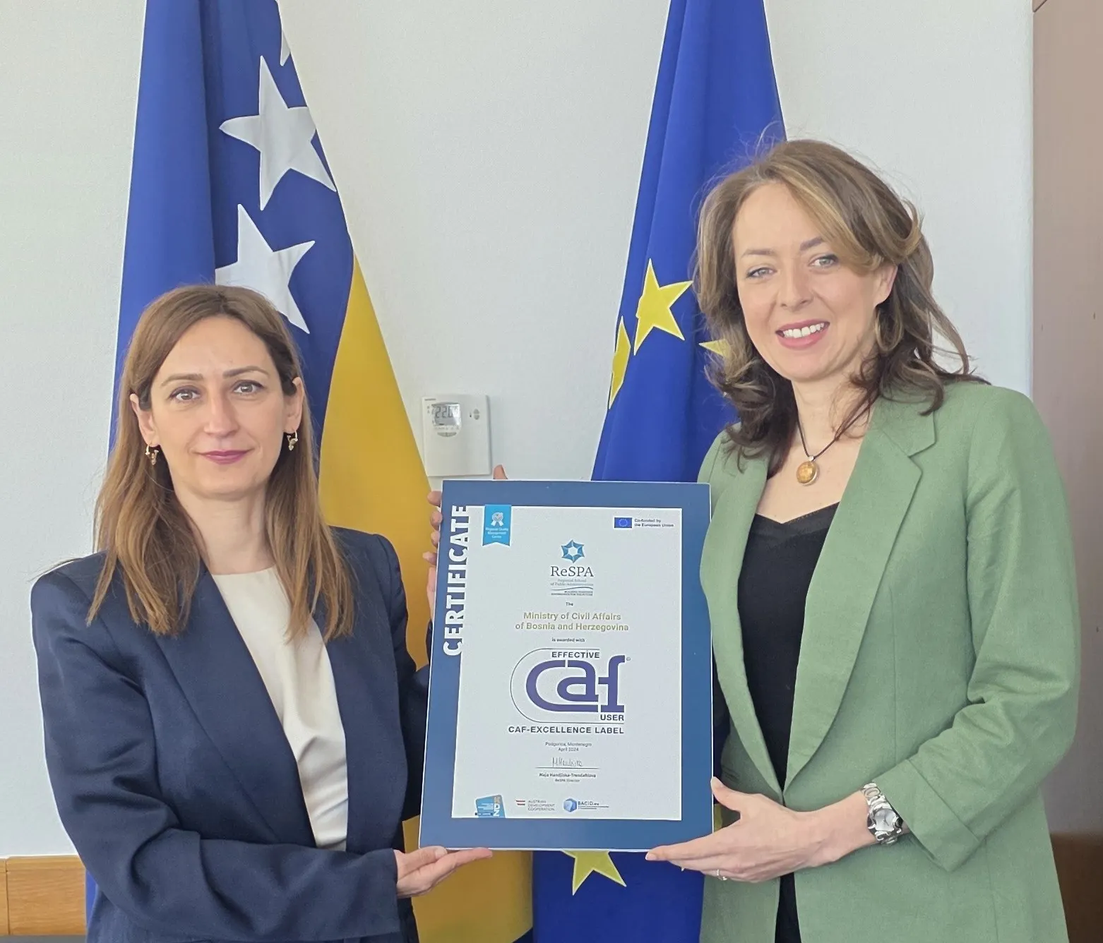 Prvo ministarstvo u BiH sa evropskim certifikatom kvalitete: CAF certifikat kvalitete uručen ministrici Bošnjak 